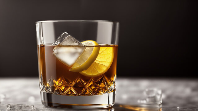 Glass of whiskey with lemon and ice . Generative AI