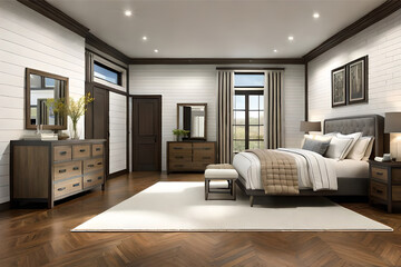 Fototapeta premium The interior design of a luxurious master bedroom with a grand four-poster bed, elegant furnishings, and a touch of glamour | Generative AI