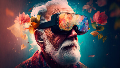 Happy old man wearing Virtual Reality headset googles 