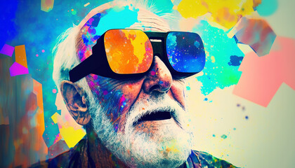 Happy old man wearing Virtual Reality headset googles  - obrazy, fototapety, plakaty
