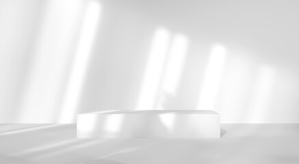 white studio room with sunlight and shadows background, white podium platform