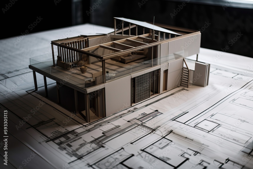Poster Architecture 3D and blueprints representation, generative ai