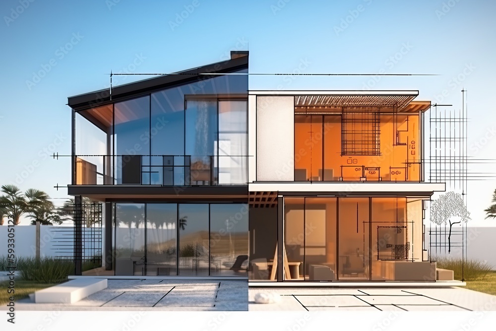 Poster Architecture 3D and blueprints representation, generative ai