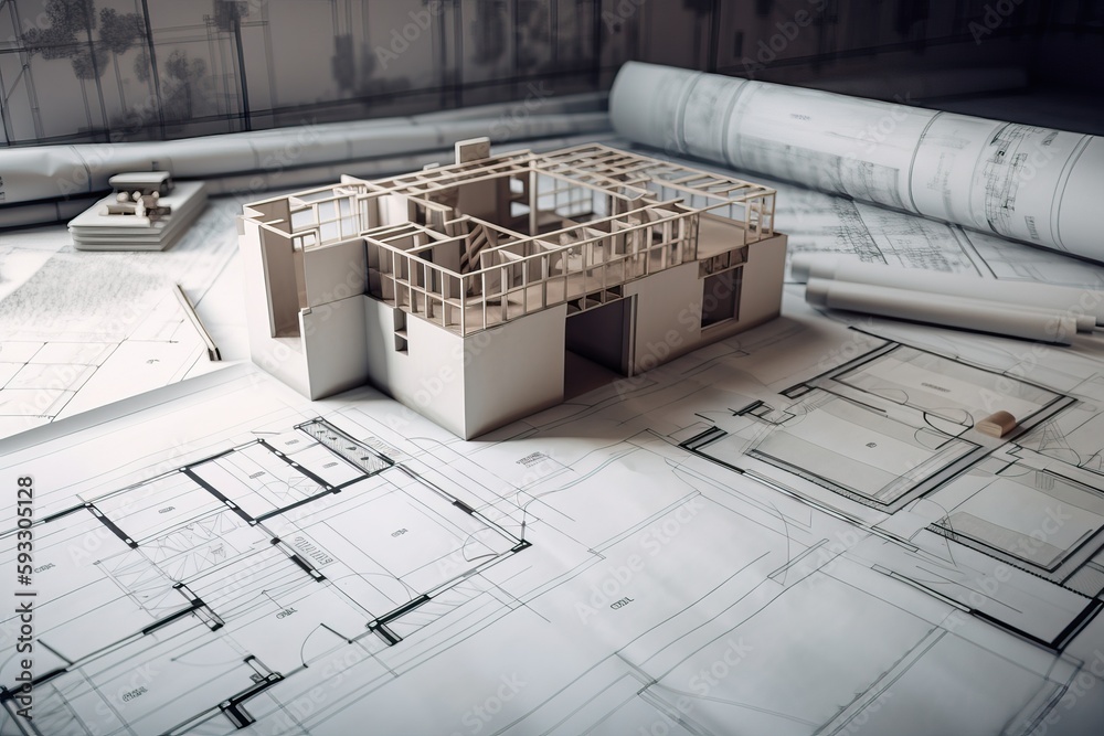 Poster Architecture 3D and blueprints representation, generative ai