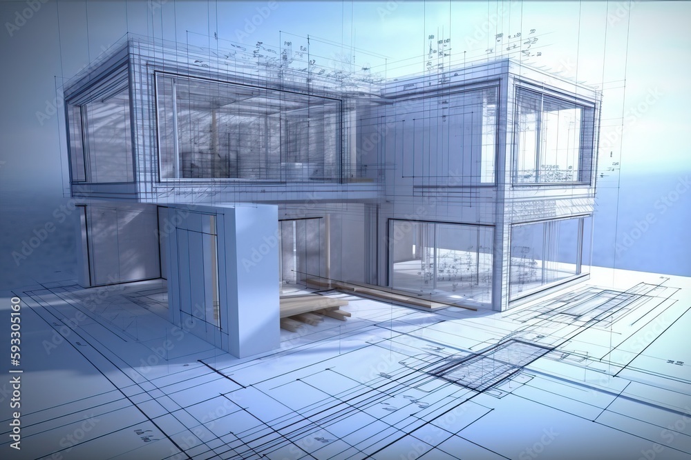 Poster architecture 3d and blueprints representation, generative ai