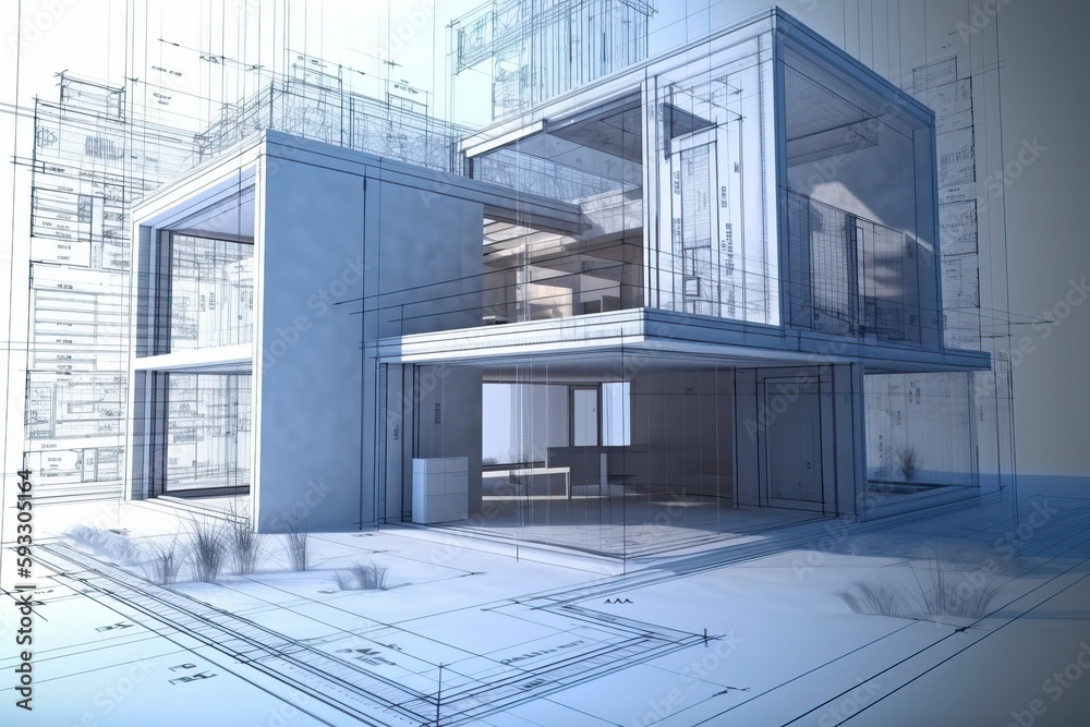 Poster Architecture 3D and blueprints representation, generative ai