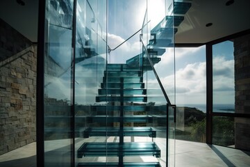 Glass ceiling concept, stairs going up in a glass cube blocked by the top, generative AI
