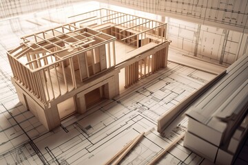Fototapeta premium Architecture 3D and blueprints representation, generative ai