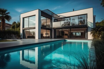 Fototapeta premium Modern luxury home with pool and garden at blue hour, generative ai