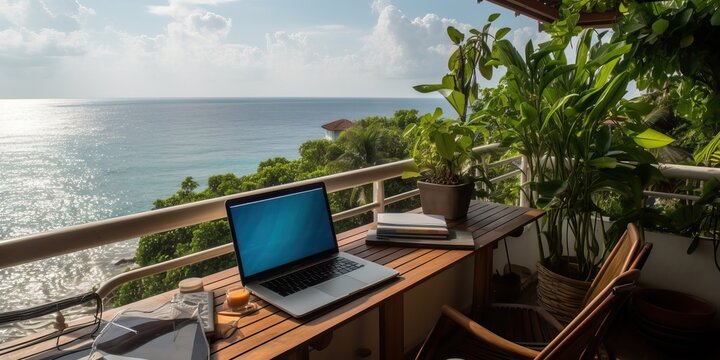Telecommuting by the sea, terrace overlooking the ocean with a laptop, generative ai
