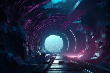  futuristic-tunnel-blue-purple-dark-space-background. AI generated.