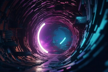 futuristic-tunnel-blue-purple-teal-dark-space-background. AI generated.