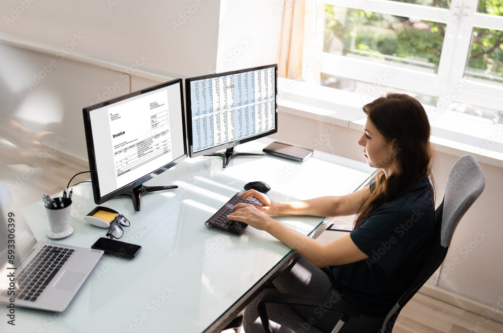 Aufkleber Accountant Using E Invoice Software At Computer