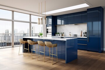 Modern open space blue kitchen with parquet flooring, window, and minimalist design. generative ai