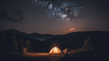 Fototapeta na wymiar Camping Tent under a Starry Night