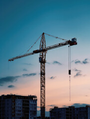 Construction crane at twilight, vertical photo. High quality generative ai