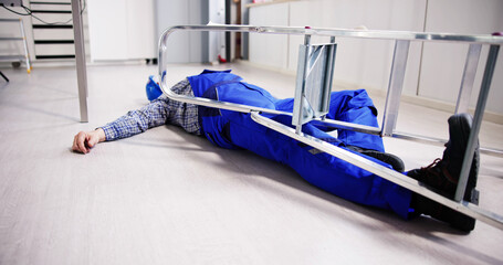 Unconscious Handyman Fallen From Ladder With Equipments Lying