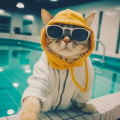 Cat take selfie photo on swimming pool, Generative AI