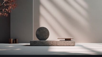 Minimalist Japanese stone podium background for cosmetic branding and presentation. generative ai
