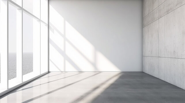 moderne pareti vuote in cemento bianco e grigiastro, luce da ampia vetrata, ideale per inserimento prodotto, copy space, ambiente ultramoderno, intelligenza artificiale