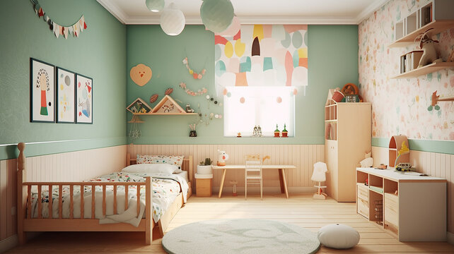 elegante e gioiosa camera da letto per bambini con dettagli in legno , stile scandinavo, spazio per inserimento prodotto e copy, ai