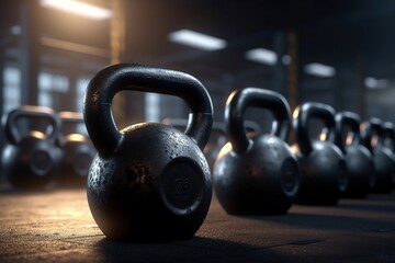 Obraz na płótnie Canvas Empty Warehouse Gym, Rows of Kettlebells and Dumbbells, Awaiting Fitness Enthusiasts, Optimized by Generative AI