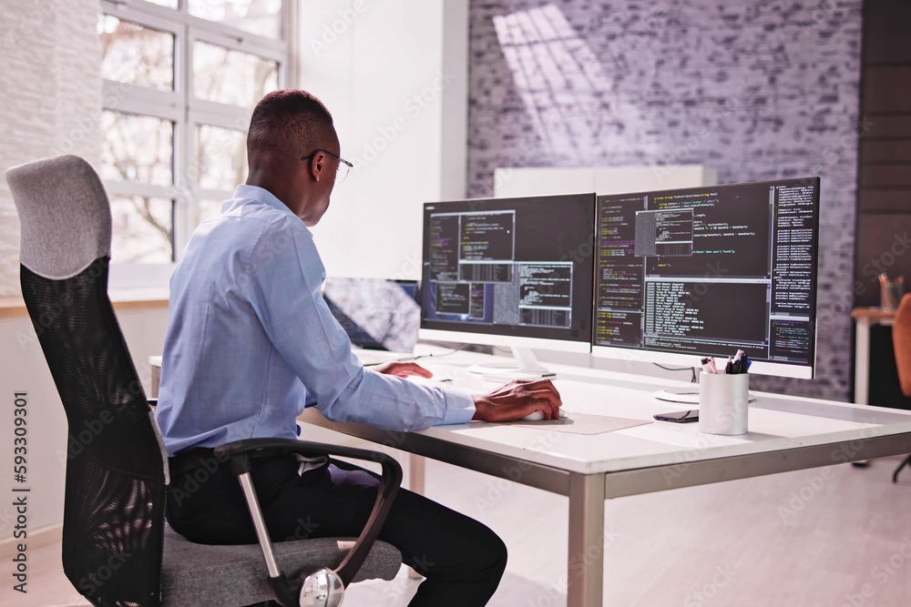 Poster African American Man Programmer. Girl Coding