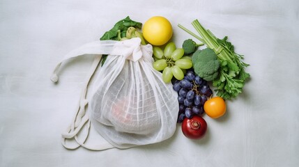 Top view of eco-friendly bag with organic produce, promoting sustainable lifestyle. generative ai - obrazy, fototapety, plakaty