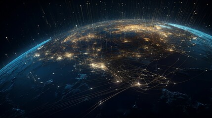 a globe showing the city lights and transportation, in the style of intertwined networks