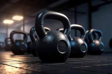 Obraz na płótnie Canvas Empty Warehouse Gym, Rows of Kettlebells and Dumbbells, Awaiting Fitness Enthusiasts, Optimized by Generative AI