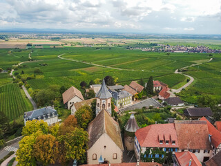 Obraz premium Aerial vIew by drone. Summer. France, Alsace. Riquewihr fortess town.