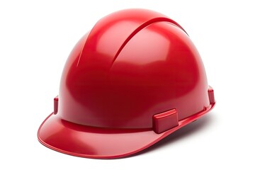 Fototapeta premium Flat lay of a red hardhat on a white background. Generative AI