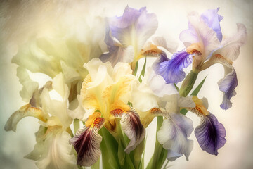 Fototapeta na wymiar Watercolor, iris flowers in soft light and blur style for valentine background. Generative ai