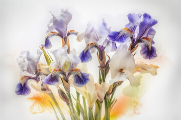 Obraz na płótnie Canvas Iris flowers on a white background with watercolor splashes. Generative ai
