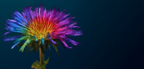 Banner. Colorful aster flower on dark blue background. 3d illustration. Generative AI
