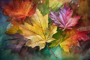 Naklejka na ściany i meble Autumn background with maple leaves. Multicolored autumn leaves. Generative AI