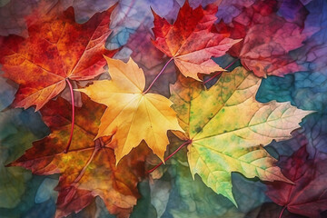 Naklejka na ściany i meble Autumn background with maple leaves. Multicolored autumn background. Generative AI