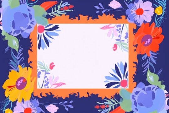 Frame with flowers and leaves on a dark blue background. Flat illustration.  Generative AI