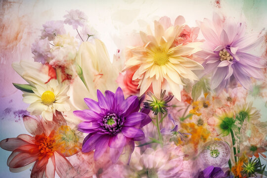  Colorful daisies on grunge background. Spring flowers.  Watercolor blurred floral background.    Generative AI 