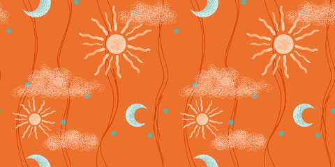 Pattern with the sun and the moon on an orange background