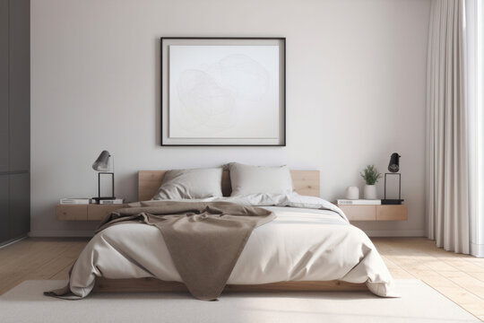 A minimalist bedroom with a mockup poster frame on a white wall, showcasing a realistic paper print. Simple design, greenery, and soft lighting make atmosphere calming. This mockup is AI generative.