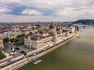 Fototapeta premium Aerial vIew by drone. Summer. Budapest, Hungary. Danube river. Parlament of Hungary.