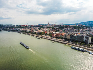 Naklejka premium Aerial vIew by drone. Summer. Budapest, Hungary. Danube river, bridge.