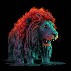 lion made of lava, water liquid, neon