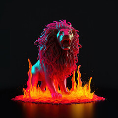 lion made of lava, water liquid, neon