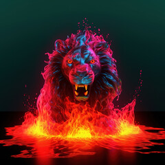 lion made of lava, water liquid, neon