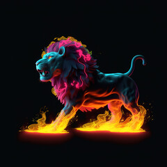 lion made of lava, water liquid, neon