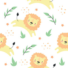Animal pattern with with little lion, seamless background for kids. Cute vector texture for childish bedding, fabric, wallpaper, wrapping paper, textile, t-shirt print