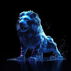 lion made of lava, water liquid, neon