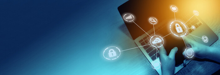 Cyber, personal data, privacy and information security. Internet networking  protection security system concept. Padlock icon on tech code background.